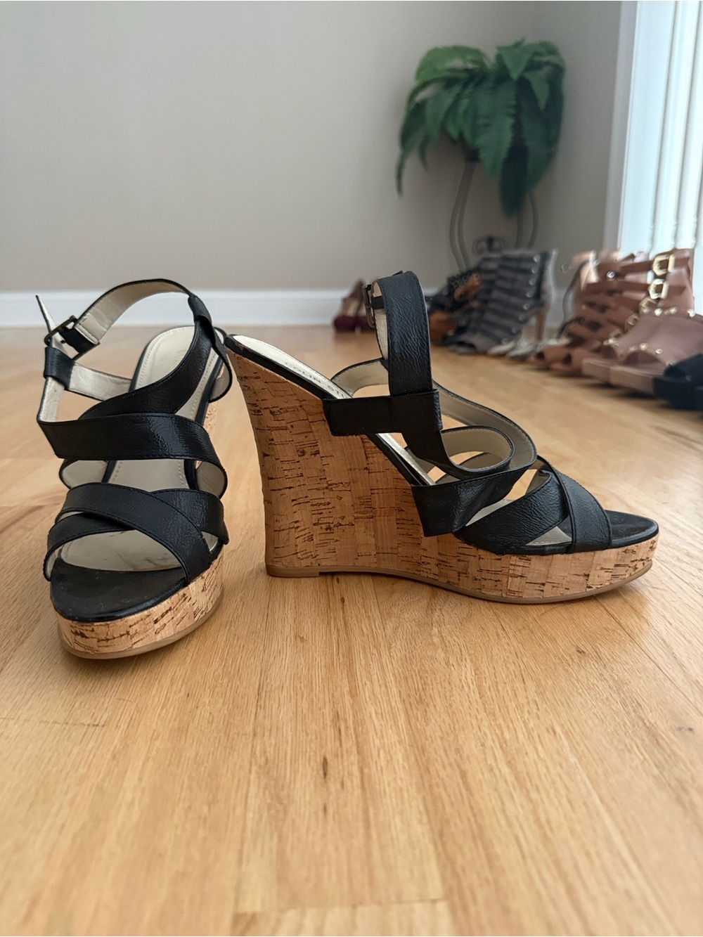 Colin Stuart Black Strappy Cork Wedge Sandals